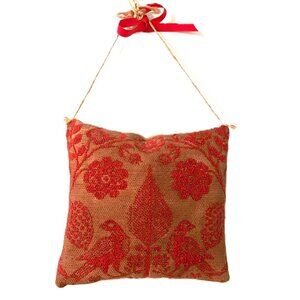 Vintage Jacquard, Coverlet, Red Partridges, Wool Pillow, 6 " X 6 "